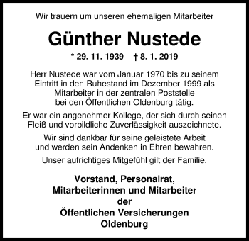 Traueranzeige von Günther Nustede von Nordwest-Zeitung