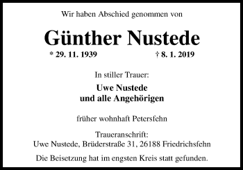 Traueranzeige von Günther Nustede von Nordwest-Zeitung