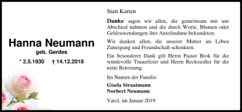 Traueranzeige von Hanna Neumann von Nordwest-Zeitung