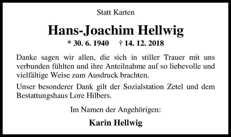  Traueranzeige für Hans-Joachim Hellwig vom 18.01.2019 aus Nordwest-Zeitung