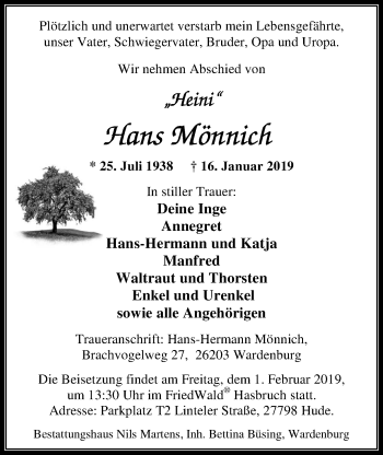 Traueranzeige von Hans Mönnich von Nordwest-Zeitung