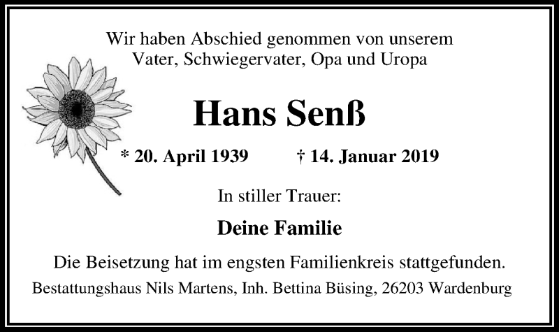  Traueranzeige für Hans Senß vom 29.01.2019 aus Nordwest-Zeitung