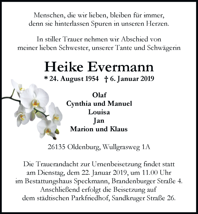  Traueranzeige für Heike Evermann vom 16.01.2019 aus Nordwest-Zeitung