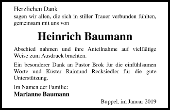 Traueranzeige von Heinrich Baumann von Nordwest-Zeitung