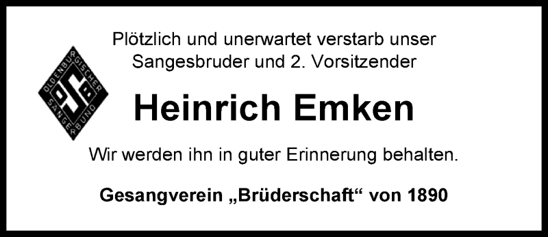  Traueranzeige für Heinrich Emken vom 03.01.2019 aus Nordwest-Zeitung