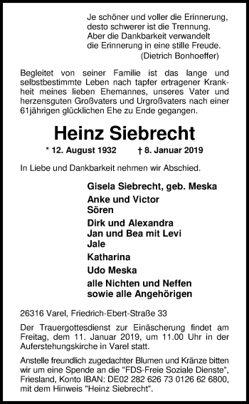 Traueranzeige von Heinz Siebrecht von Nordwest-Zeitung