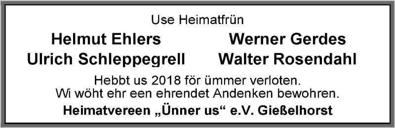  Traueranzeige für Helmut Ehlers vom 04.01.2019 aus Nordwest-Zeitung