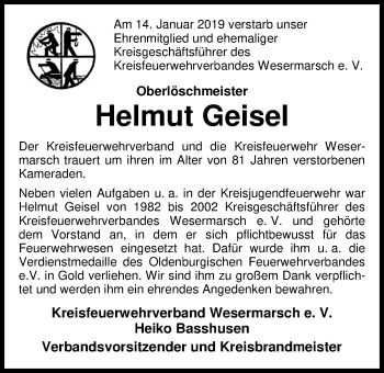 Traueranzeige von Helmut Geisel von Nordwest-Zeitung