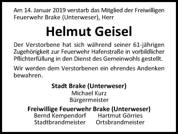 Traueranzeige von Helmut Geisel von Nordwest-Zeitung