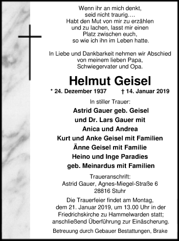Traueranzeige von Helmut Geisel von Nordwest-Zeitung