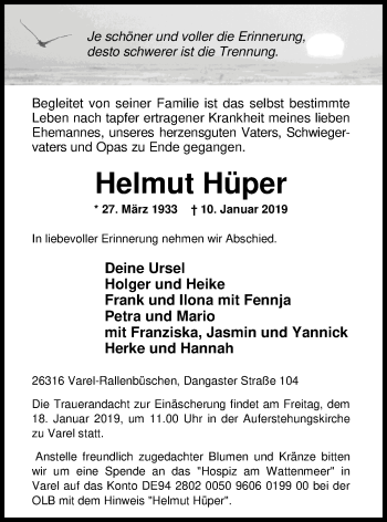 Traueranzeige von Helmut Hüper von Nordwest-Zeitung