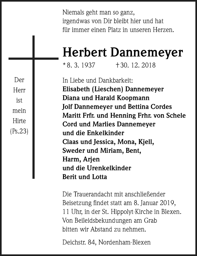  Traueranzeige für Herbert Dannemeyer vom 04.01.2019 aus Nordwest-Zeitung