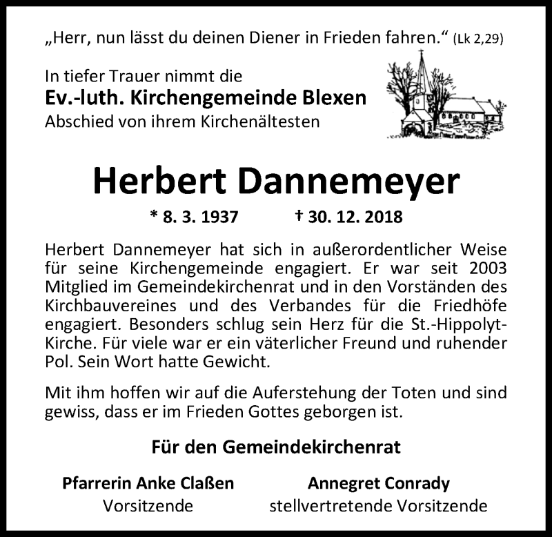 Traueranzeige für Herbert Dannemeyer vom 04.01.2019 aus Nordwest-Zeitung