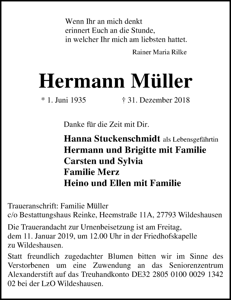  Traueranzeige für Hermann Müller vom 05.01.2019 aus Nordwest-Zeitung