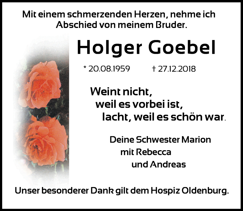  Traueranzeige für Holger Goebel vom 05.01.2019 aus Nordwest-Zeitung