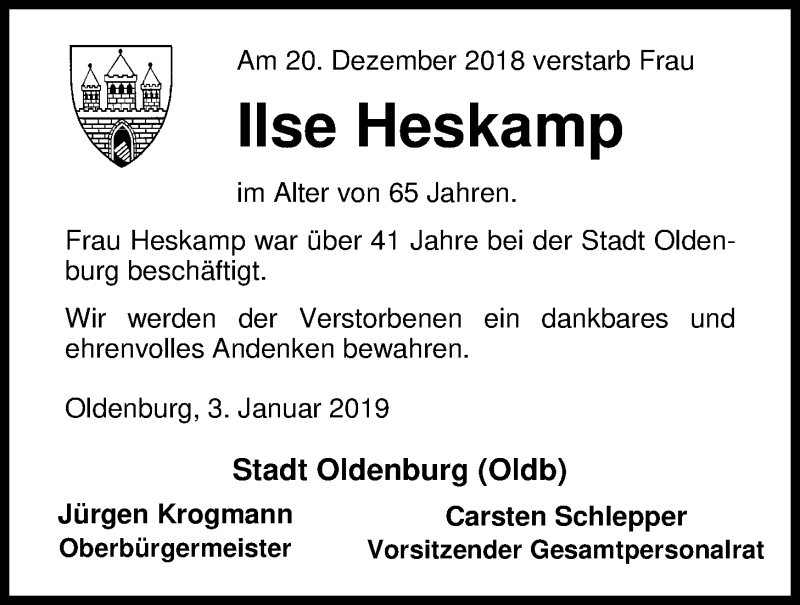 Traueranzeige für Ilse Heskamp vom 03.01.2019 aus Nordwest-Zeitung