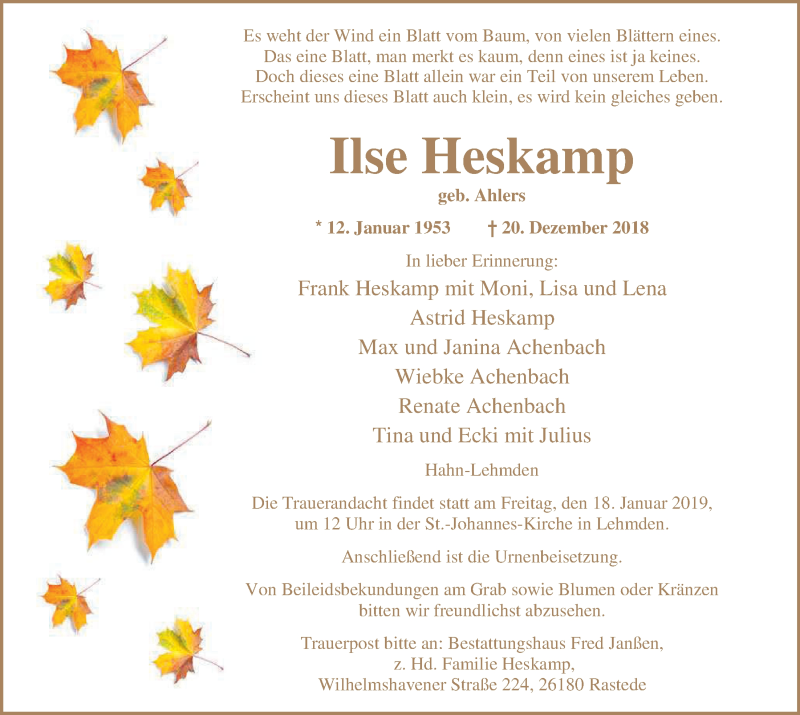  Traueranzeige für Ilse Heskamp vom 02.01.2019 aus Nordwest-Zeitung