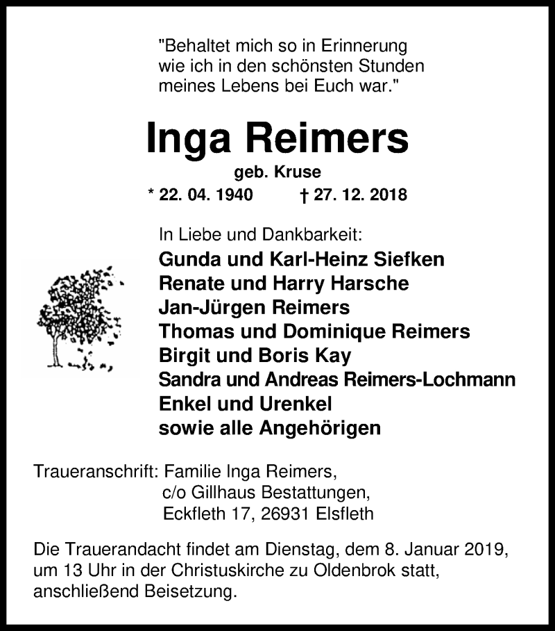  Traueranzeige für Inga Reimers vom 05.01.2019 aus Nordwest-Zeitung