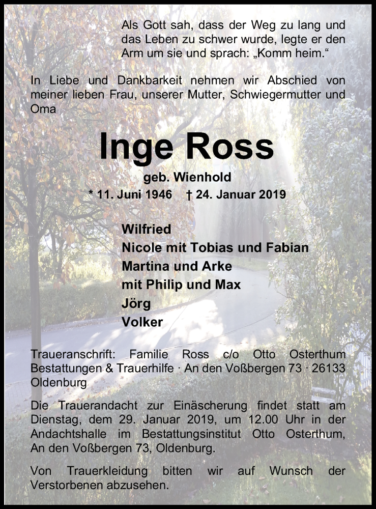  Traueranzeige für Inge Ross vom 26.01.2019 aus Nordwest-Zeitung