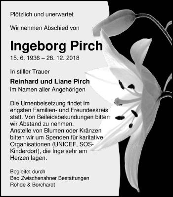 Traueranzeige von Ingeborg Pirch von Nordwest-Zeitung