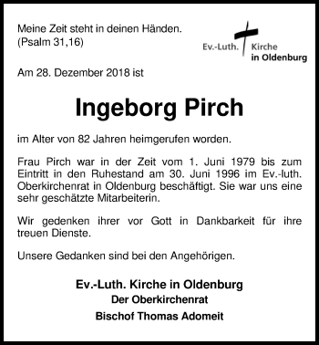 Traueranzeige von Ingeborg Pirch von Nordwest-Zeitung
