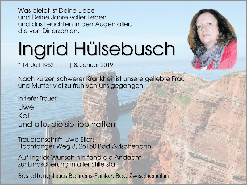  Traueranzeige für Ingrid Hülsebusch vom 19.01.2019 aus Nordwest-Zeitung