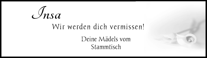  Traueranzeige für Insa Toshi vom 30.01.2019 aus Nordwest-Zeitung