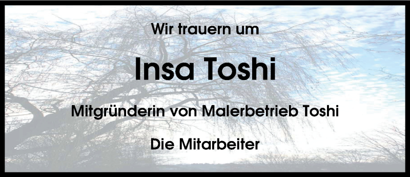  Traueranzeige für Insa Toshi vom 29.01.2019 aus Nordwest-Zeitung