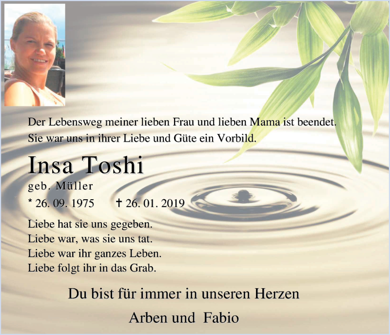 Traueranzeige für Insa Toshi vom 29.01.2019 aus Nordwest-Zeitung