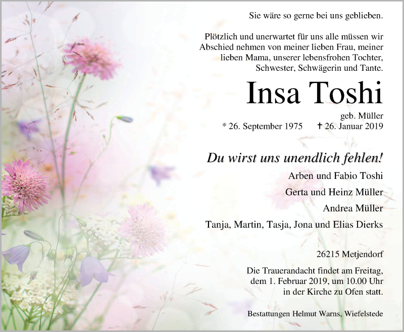 Traueranzeige für Insa Toshi vom 29.01.2019 aus Nordwest-Zeitung