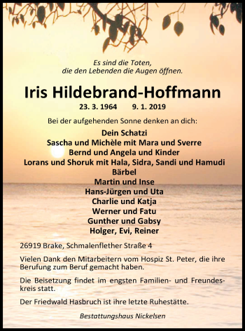 Traueranzeige von Iris Hildebrand-Hoffmann von Nordwest-Zeitung