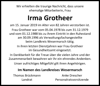 Traueranzeige von Irma Grotheer von Nordwest-Zeitung
