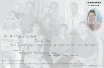 Traueranzeige von Irma Grotheer von Nordwest-Zeitung