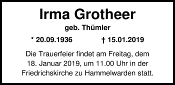 Traueranzeige von Irma Grotheer von Nordwest-Zeitung