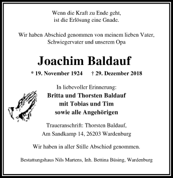 Traueranzeige von Joachim Baldauf von Nordwest-Zeitung
