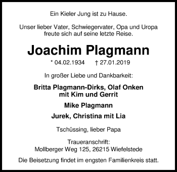 Traueranzeige von Joachim Plagmann von Nordwest-Zeitung