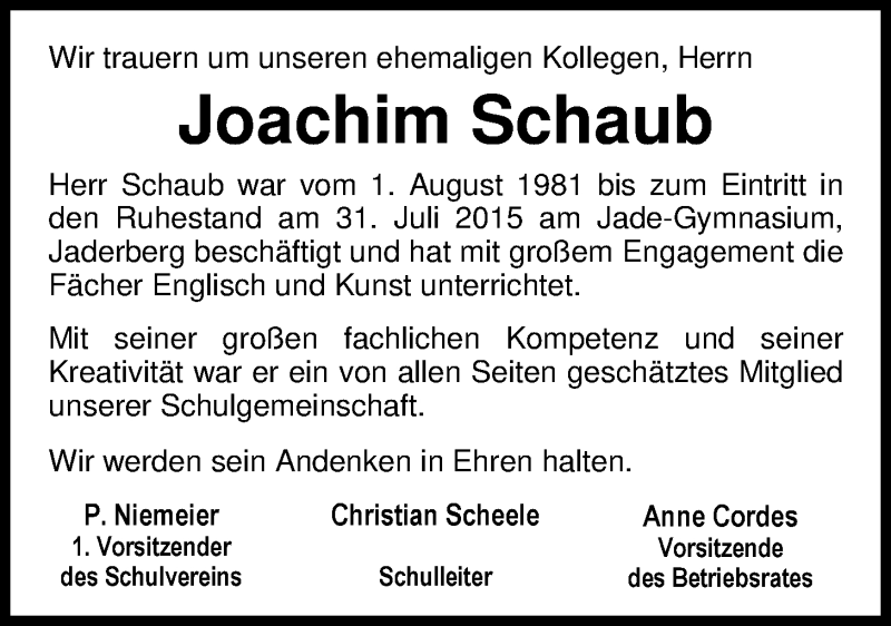  Traueranzeige für Joachim Schaub vom 24.01.2019 aus Nordwest-Zeitung