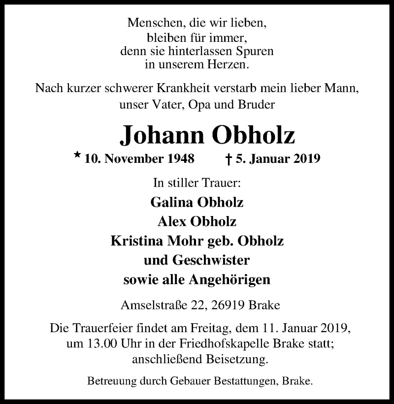  Traueranzeige für Johann Obholz vom 08.01.2019 aus Nordwest-Zeitung