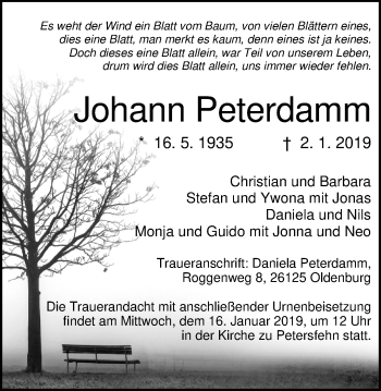Traueranzeige von Johann Peterdamm von Nordwest-Zeitung