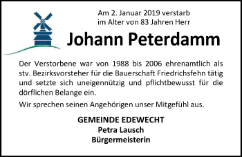 Traueranzeige von Johann Peterdamm von Nordwest-Zeitung