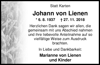 Traueranzeige von Johann von Lienen von Nordwest-Zeitung