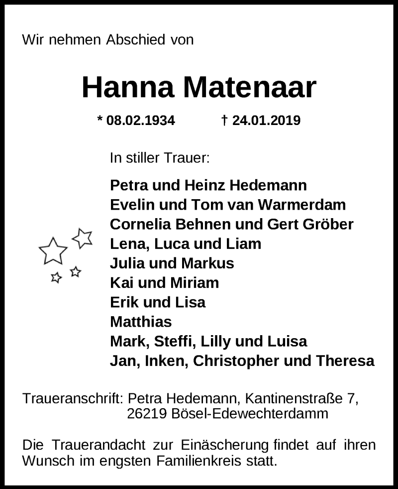  Traueranzeige für Johanne (Hanna) Matenaar vom 29.01.2019 aus Nordwest-Zeitung
