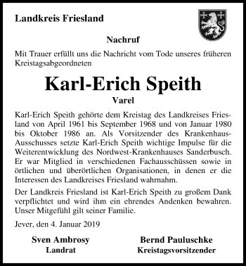 Traueranzeige von Karl-Erich Speith von Nordwest-Zeitung