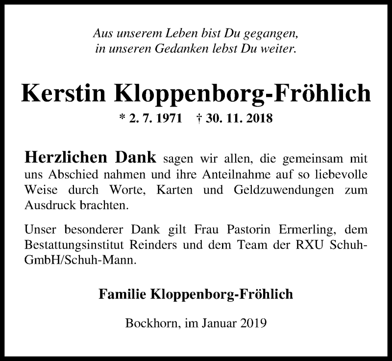  Traueranzeige für Kerstin Kloppenborg-Fröhlich vom 05.01.2019 aus Nordwest-Zeitung