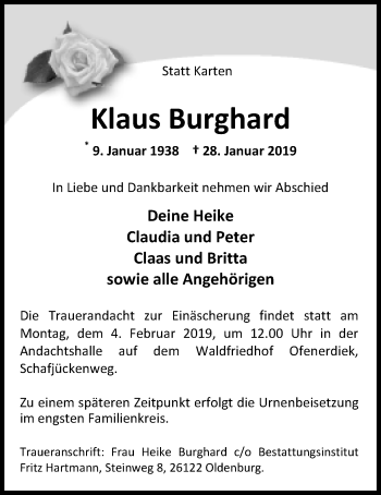 Traueranzeige von Klaus Burghard von Nordwest-Zeitung