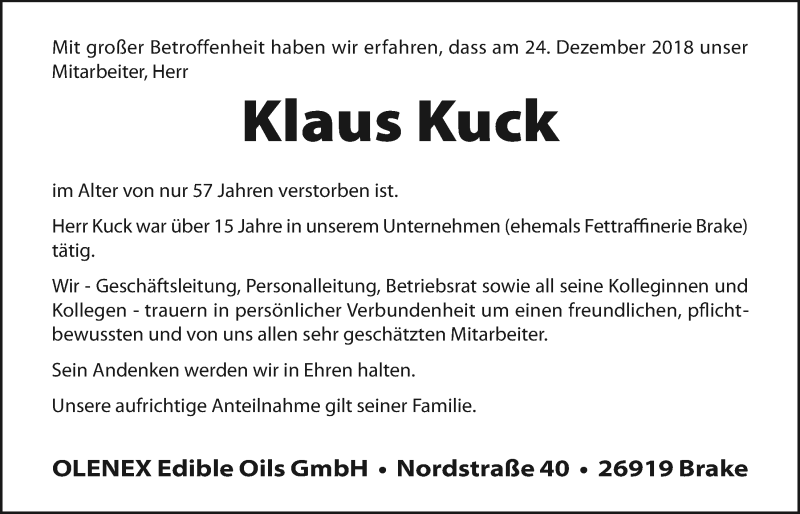  Traueranzeige für Klaus Kuck vom 03.01.2019 aus Nordwest-Zeitung