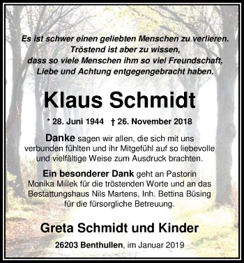 Traueranzeige von Klaus Schmidt von Nordwest-Zeitung