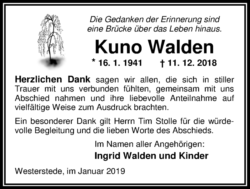  Traueranzeige für Kuno Walden vom 25.01.2019 aus Nordwest-Zeitung