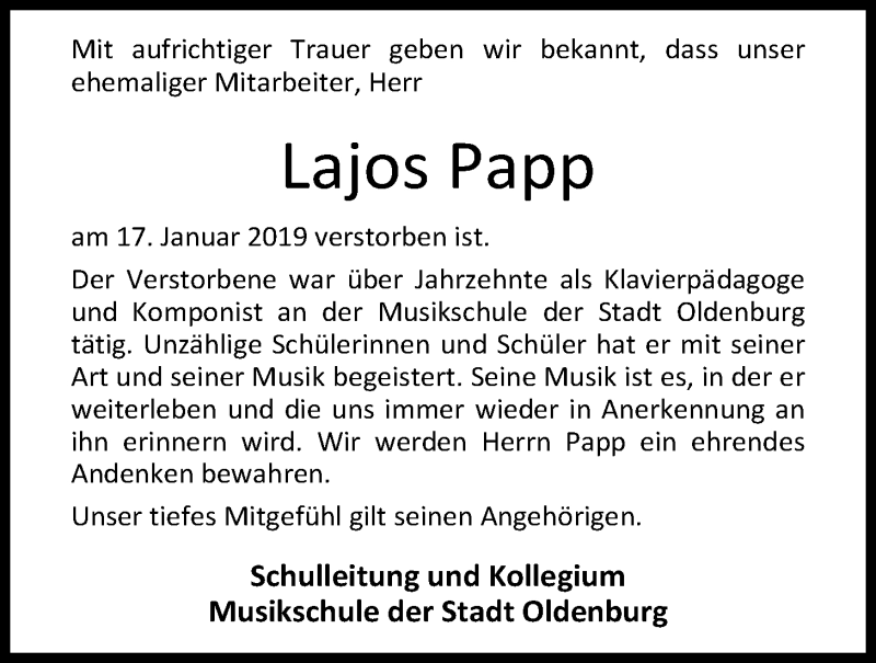  Traueranzeige für Lajos Papp vom 29.01.2019 aus Nordwest-Zeitung