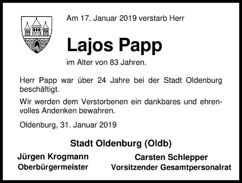  Traueranzeige für Lajos Papp vom 31.01.2019 aus Nordwest-Zeitung